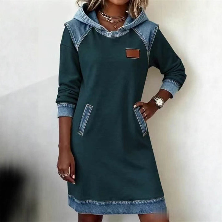Damen nan Kapuzen-Sweatkleid mit Jeans-Applikationen, Kängurutaschen und lässigem Schnitt Echo Archiv