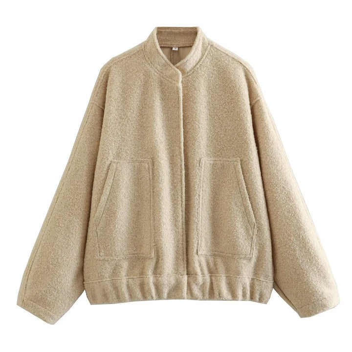 Damen boxy Wollmix-Blouson mit Stehkragen, verdeckter Frontleiste, Eingrifftaschen und elastischem Saum – Célinea