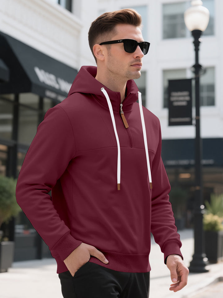 Herren Halbzip-Kapuzenpullover mit Stehkragen, Kordelzug und Lederdetails – Cavarno