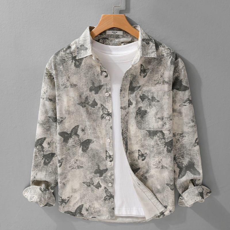 Herren Leichtes Leinenmix-Hemd mit Aquarell-Schmetterlingsprint und Brusttasche Echoarchiv