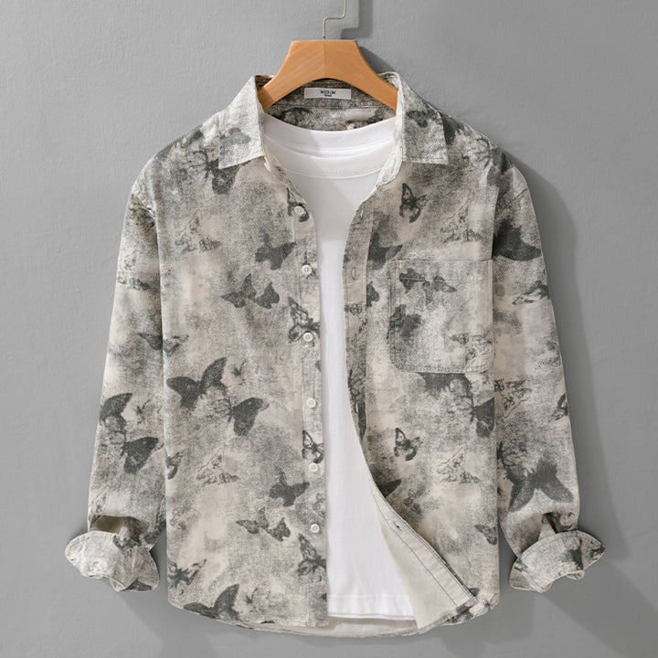 Herren Leichtes Leinenmix-Hemd mit Aquarell-Schmetterlingsprint und Brusttasche Echoarchiv