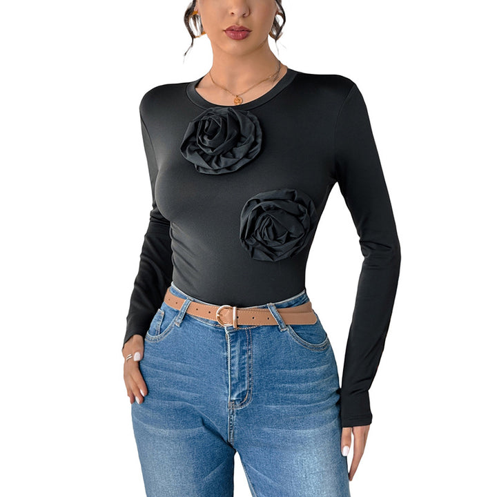 Damen Langärmliger Sculpting-Body mit 3D-Rosen-Applikationen Echoarchiv