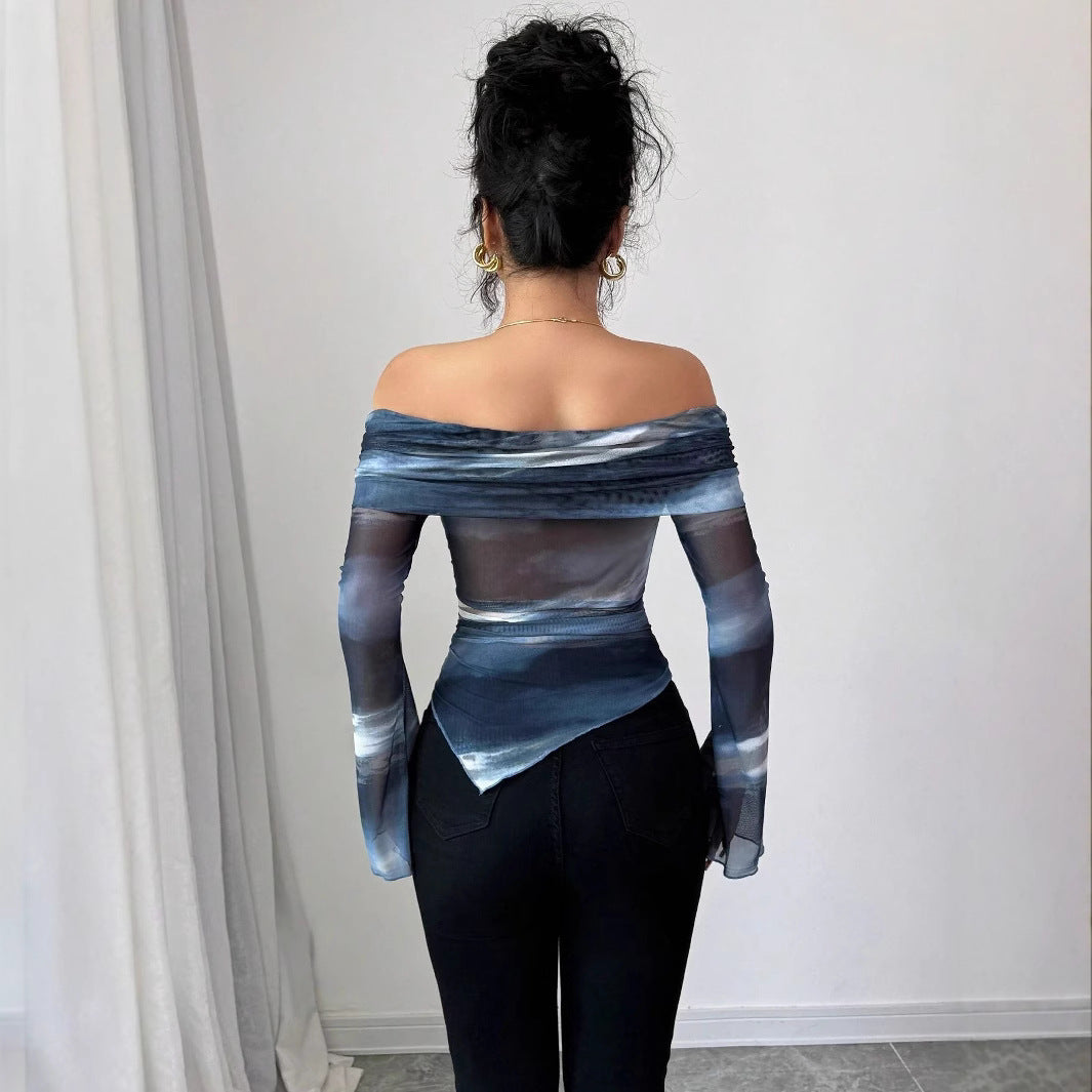 Damen nan schulterfreies Mesh-Wickeltop mit asymmetrischem Zipfelsaum und langen ausgestellten Ärmeln Echo Archiv