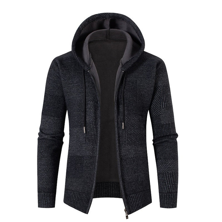 Herren Strick-Kapuzenjacke mit durchgehendem Reißverschluss, gefütterter Kapuze und strukturierter Patchwork-Optik Echo Archiv