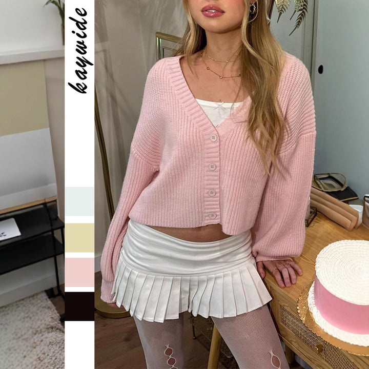 Damen kurzes Rippstrick-Cardigan mit Oversize-Balloonärmeln und Knopfleiste – Veloura