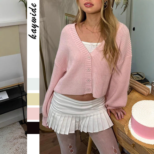 Damen kurzes Rippstrick-Cardigan mit Oversize-Balloonärmeln und Knopfleiste – Veloura