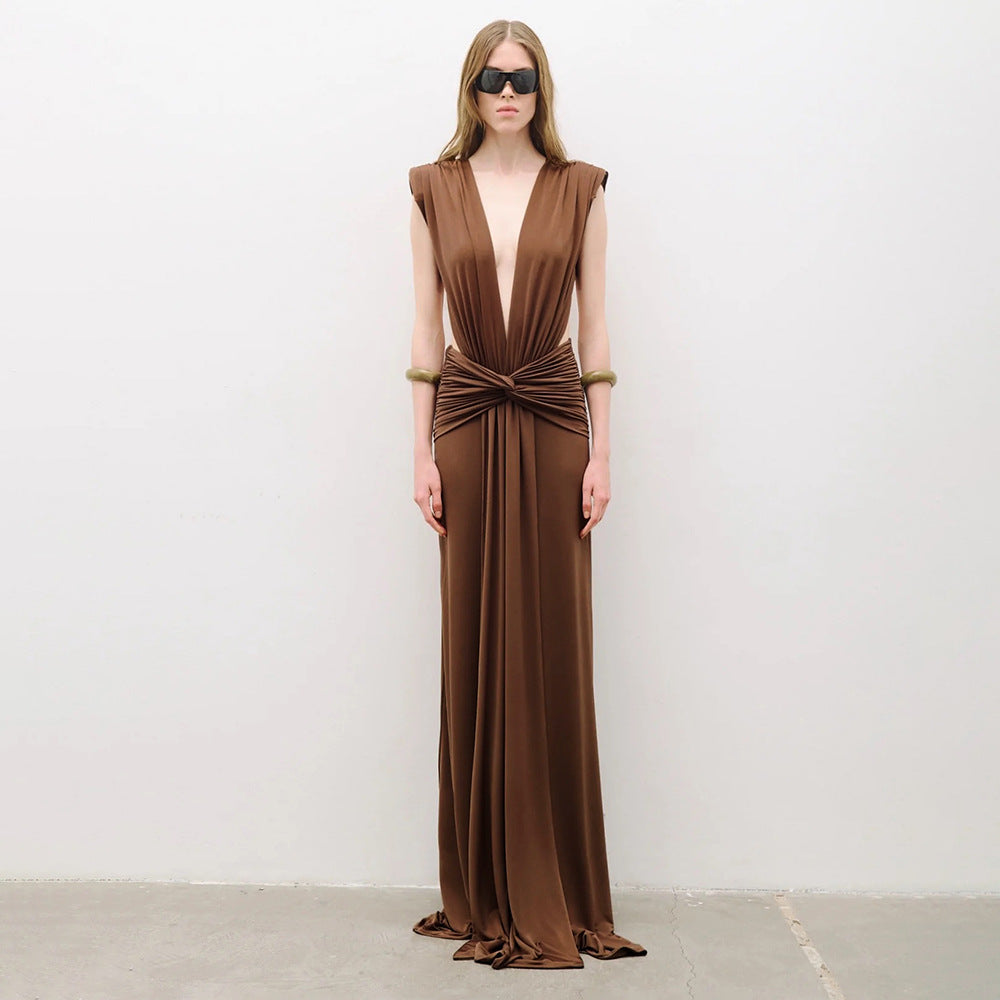 Damen elegantes Maxikleid mit tiefem V-Ausschnitt und drapiertem Bund Echo Archiv