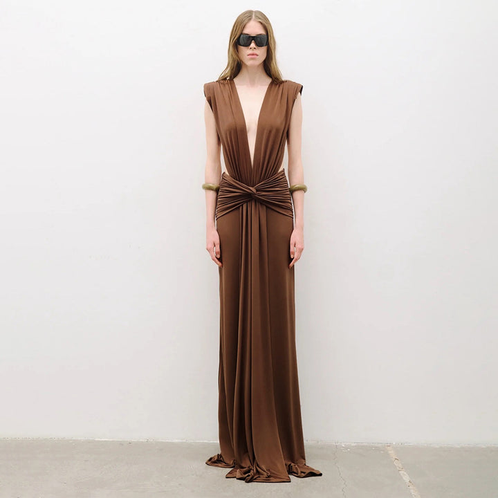 Damen elegantes Maxikleid mit tiefem V-Ausschnitt und drapiertem Bund Echo Archiv