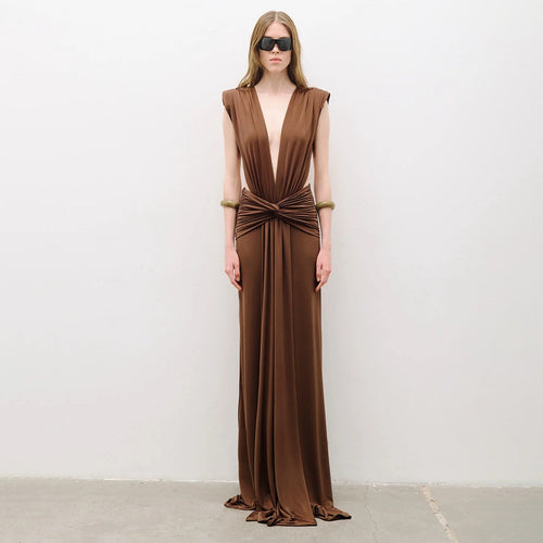 Damen elegantes Maxikleid mit tiefem V-Ausschnitt und drapiertem Bund Echo Archiv