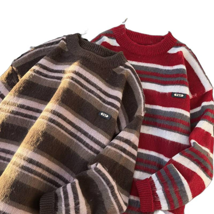Unisex Gestreifter Oversize-Mohair‑Optik Pullover mit Rundhals und weicher Struktur Echoarchiv