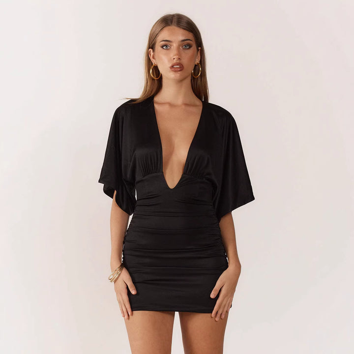 Damen Mini-Raffkleid mit tiefem V-Ausschnitt und fließenden Ärmeln Echo Archiv