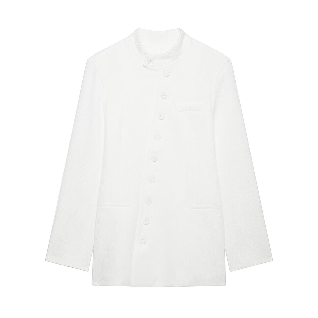 Damen Mandarin-Kragen Longblazer mit durchgehender Knopfleiste und aufgesetzten Taschen Echo Archiv