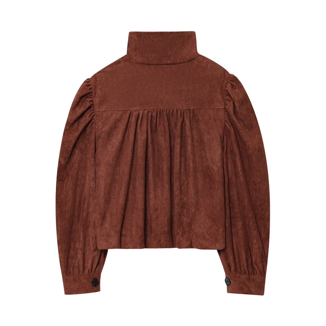 Damen Kurzjacke aus Velourslederimitat mit Stehkragen, gerafften Balloonärmeln und Knopfleiste Echo Archiv