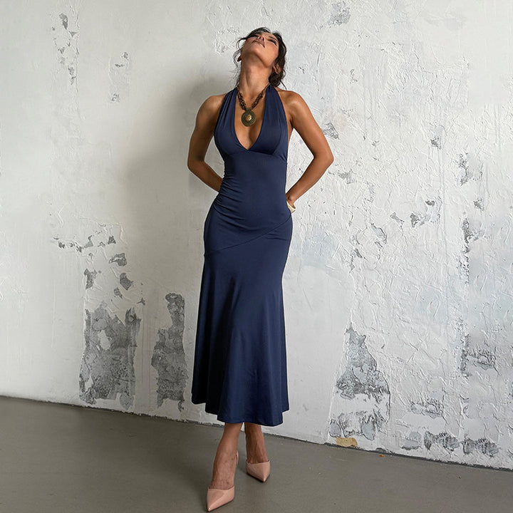 Damen elegantes Maxikleid mit tiefem V-Ausschnitt und raffiniertem Schleifendetail Echo Archiv
