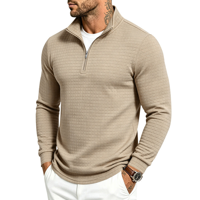 Herren Slim-Fit Pullover mit halbem Reißverschluss und geprägter Quadratstruktur Echoarchiv