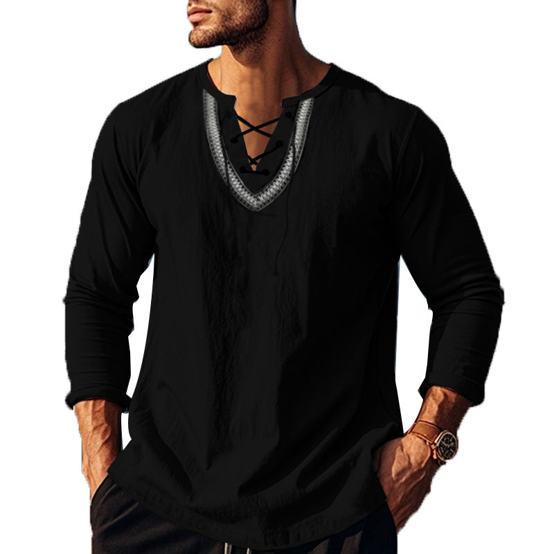 Herren Langarm-Henley-Shirt mit dekorativer Schnürung und lässigem Schnitt Echoarchiv