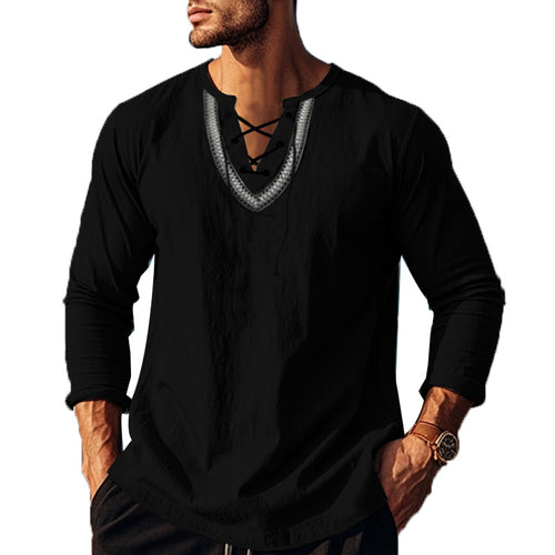 Herren Langarm-Henley-Shirt mit dekorativer Schnürung und lässigem Schnitt Echoarchiv