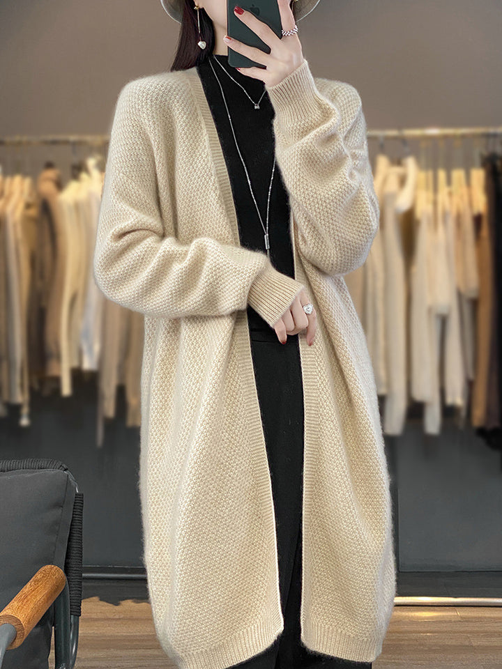 Damen Langer Offener Strickcardigan mit Samenmuster und gerippten Abschlüssen Echoarchiv
