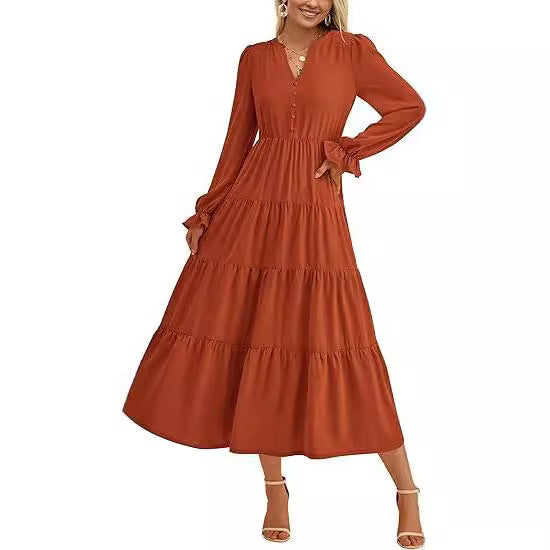 Damen Stufiges Midikleid mit V-Ausschnitt, geraffter Taillennaht und Rüschenmanschetten Echo Archiv