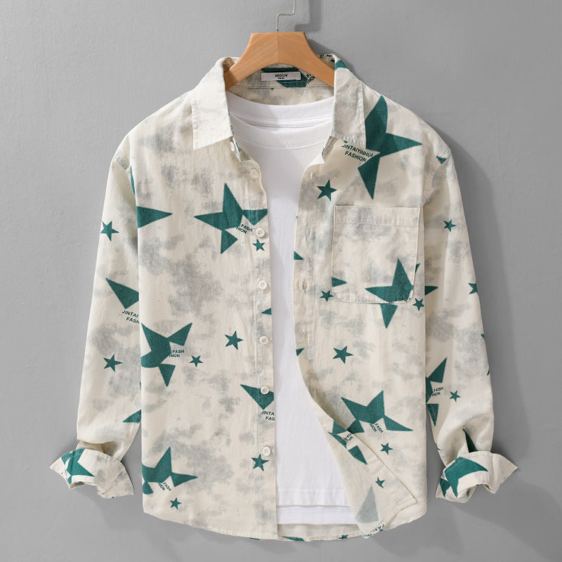 Herren Lockeres Baumwoll-Blend Overshirt mit Stern-Print und Brusttasche Echoarchiv