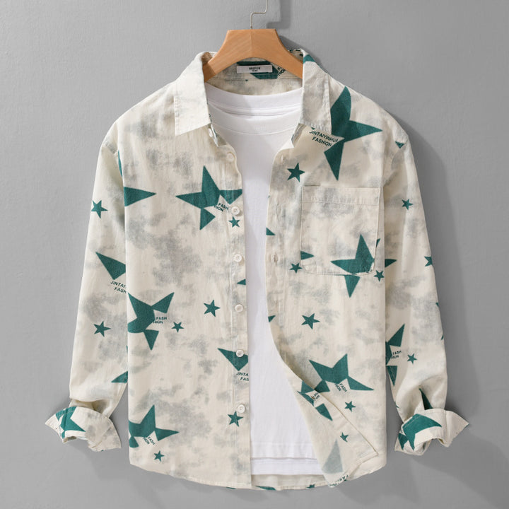 Herren Lockeres Baumwoll-Blend Overshirt mit Stern-Print und Brusttasche Echoarchiv