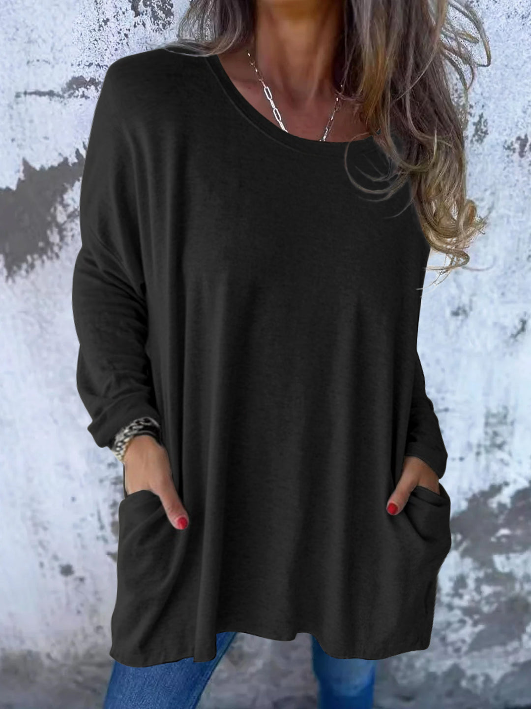 Damen Weiches Oversize Langarmshirt mit Rundhalsausschnitt, Lässigen Ärmeln und Seitentaschen – Avérine