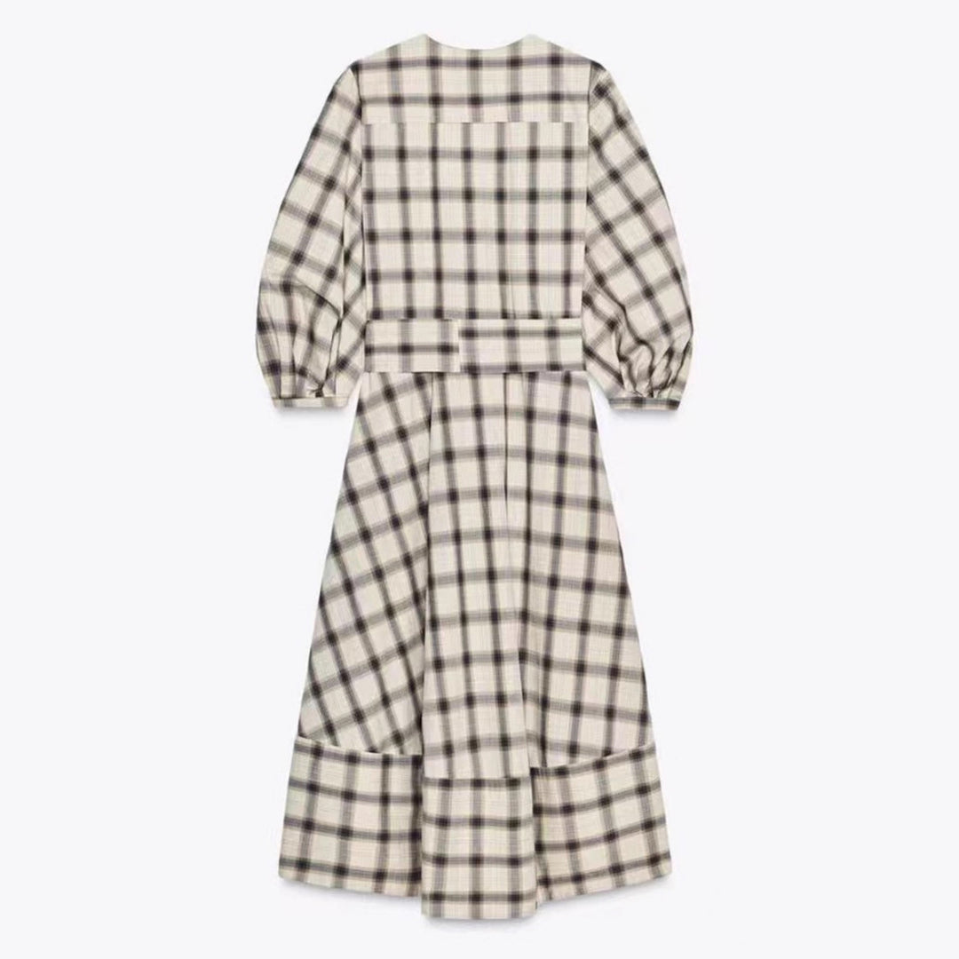 Damen nan kariertes Midikleid mit Ballonärmeln, Taillengürtel und Zierknopfleiste Echo Archiv