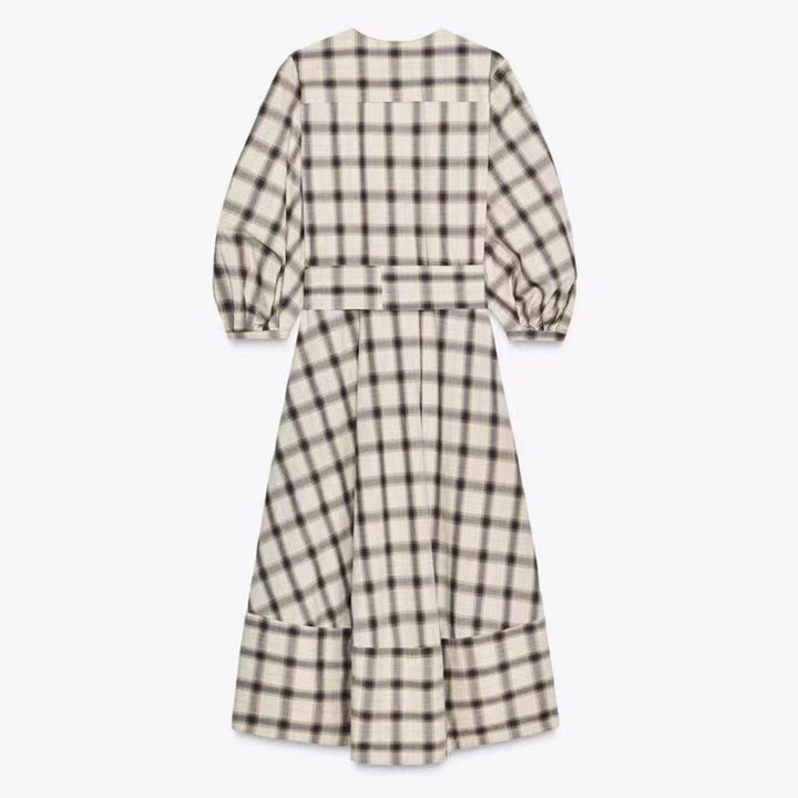 Damen nan kariertes Midikleid mit Ballonärmeln, Taillengürtel und Zierknopfleiste Echo Archiv