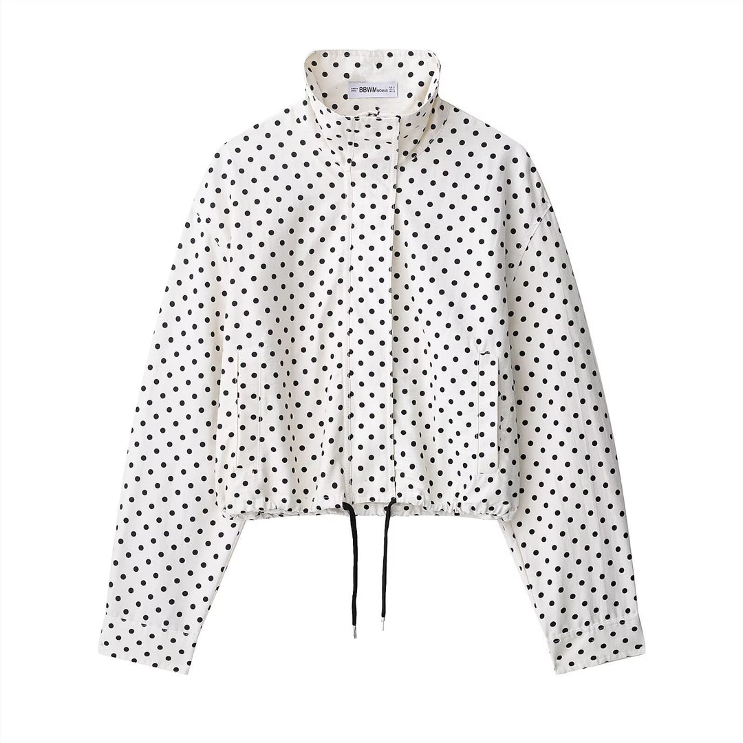 Damen Cropped-Übergangsjacke mit Polka-Dot, hohem Funnelkragen und Tunnelzug Echoarchiv