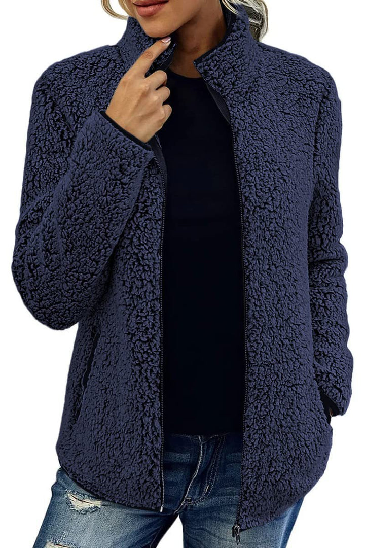 Damen Flauschige Fleecejacke mit hohen Kragen und seitlichen Taschen Echoarchiv