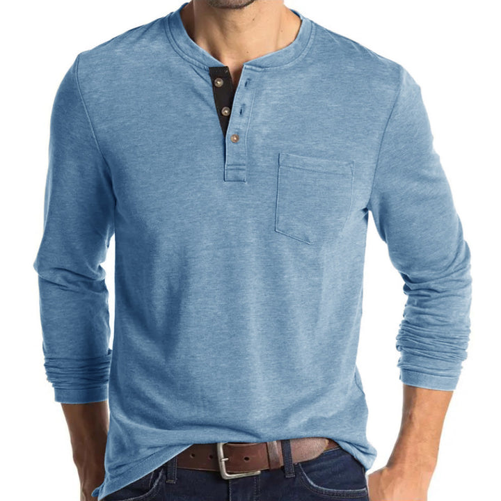 Herren Langarmshirt mit modernem Henley-Kragen und Brusttasche Echoarchiv