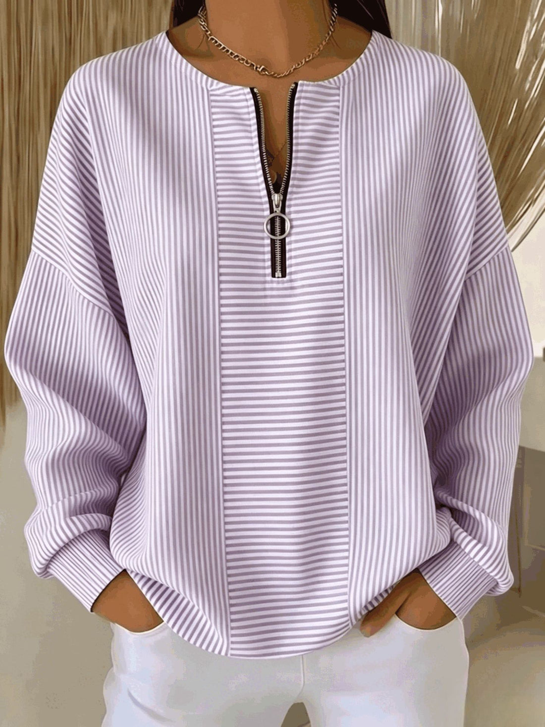Damen Oversize Pullover mit feiner Rippstruktur und kurzem Zipper Echo Archiv