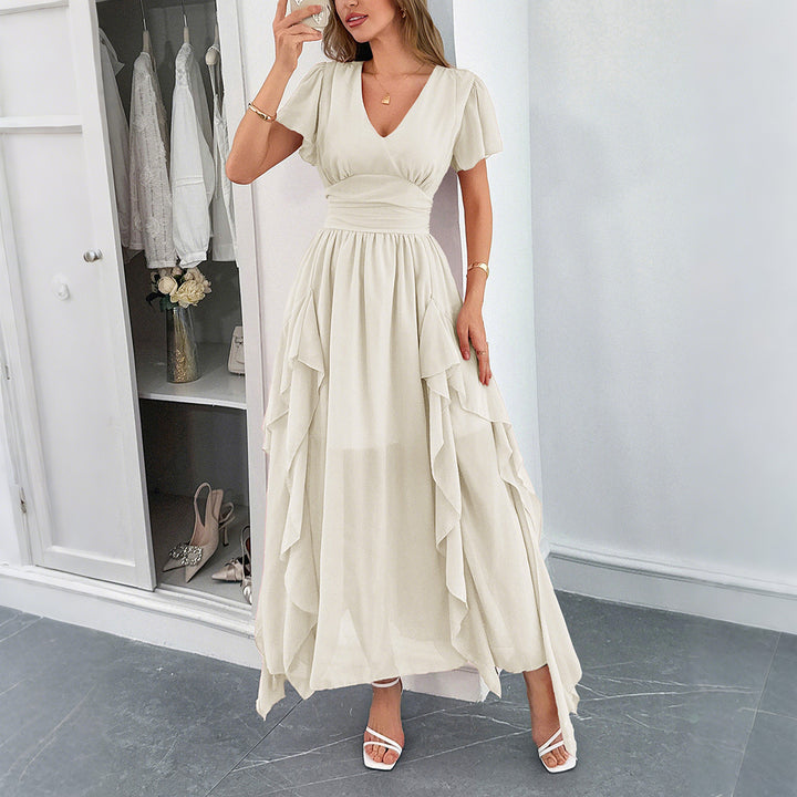 Damen Maxi-Kleid mit fließendem Rüschendesign und V-Ausschnitt Echo Archiv