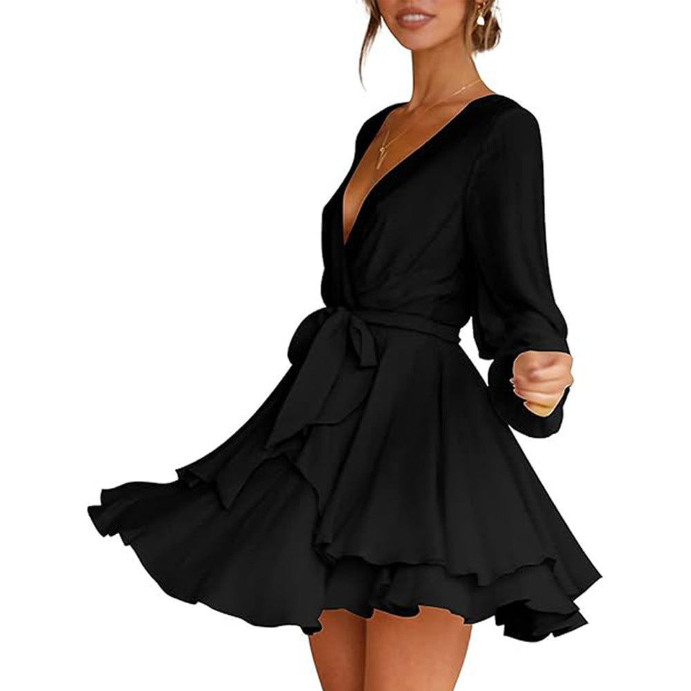 Damen gerafftes Wickelkleid mit tiefem V-Ausschnitt stufigem Volantrock und Bindegürtel – Élara