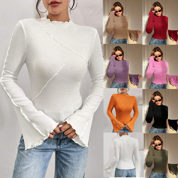 Damen Geripptes Langarmshirt mit Rüschen-Saum und Stehkragen Echo Archiv