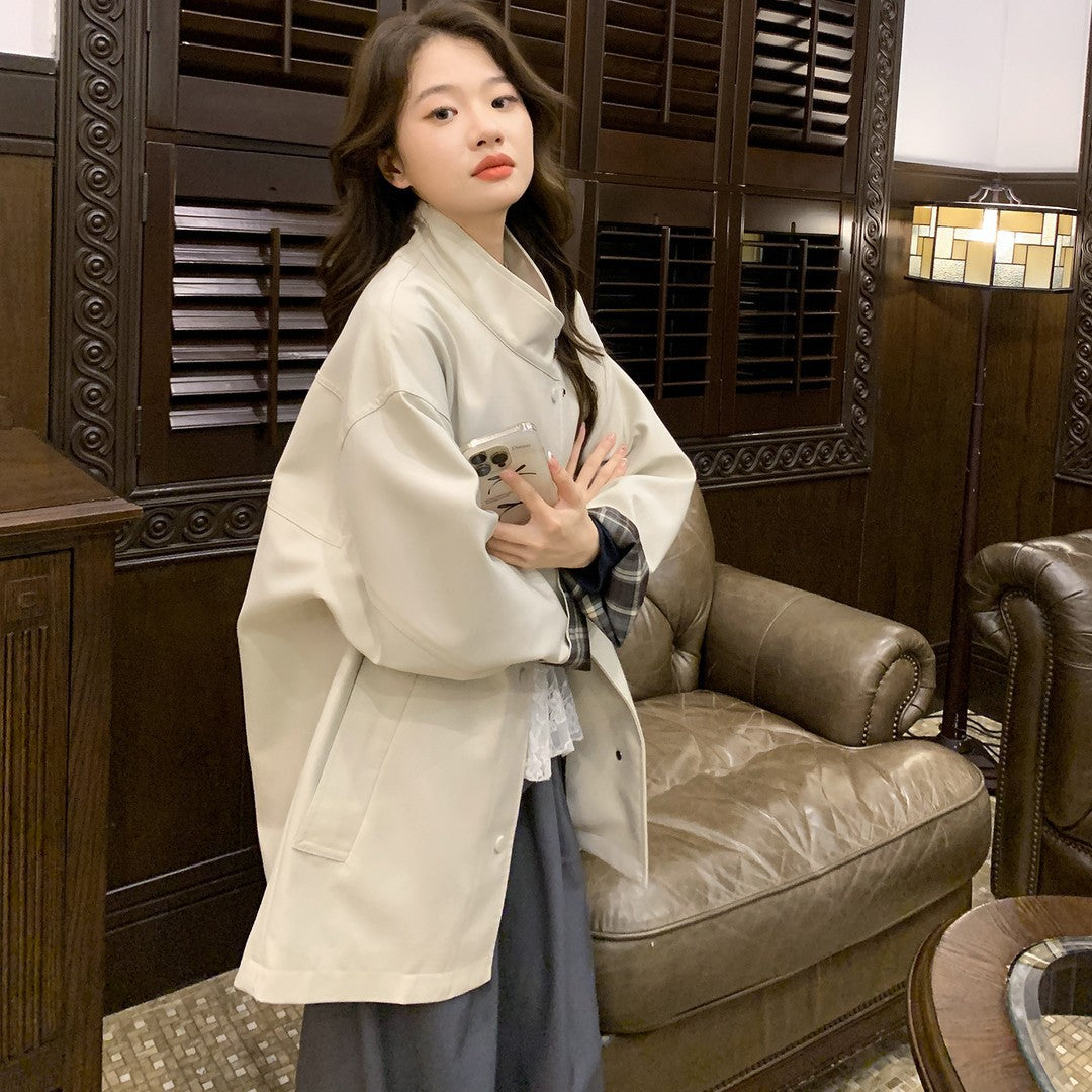 Damen Oversized Kurzmantel mit Stehkragen und kariertem Ärmelfutter Echoarchiv