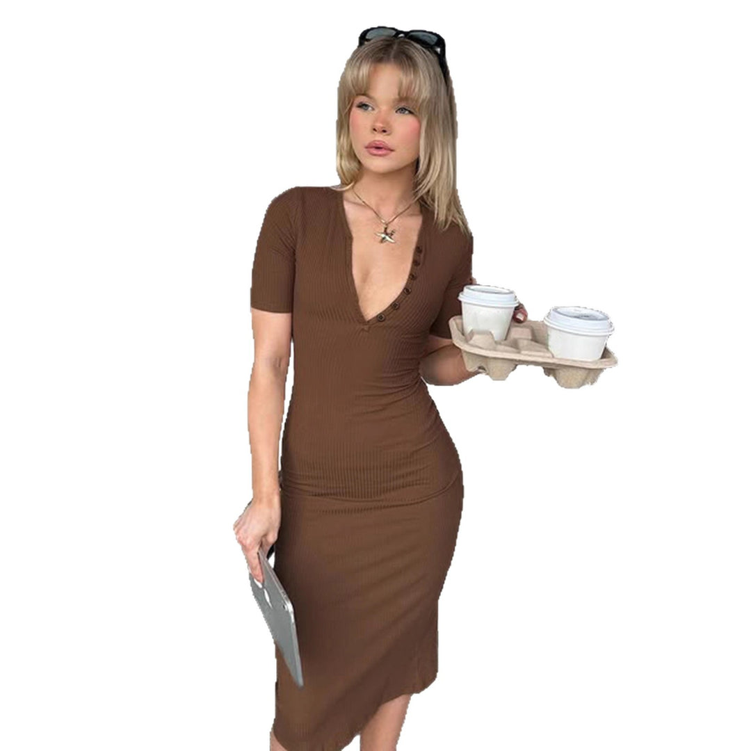 Damen figurbetontes Maxi-Kleid mit Knopfdetails und V-Ausschnitt Echo Archiv