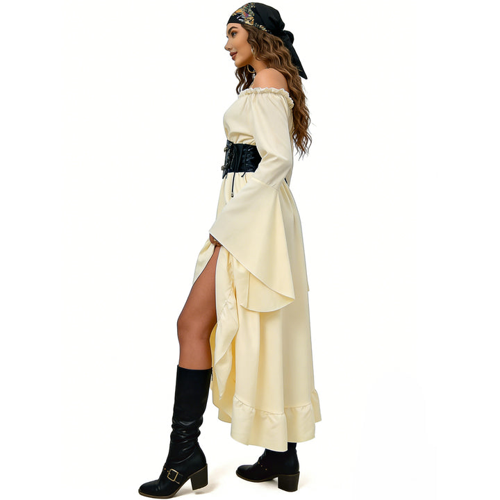 Damen nan schulterfreies Maxikleid mit Volantstufen und weiten Trompetenärmeln Echo Archiv