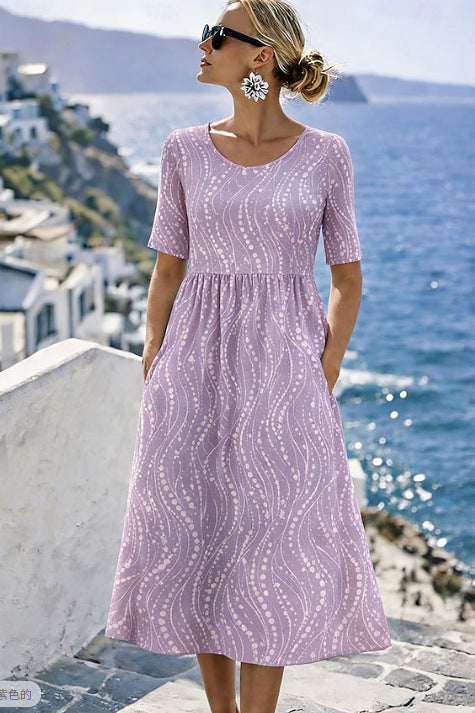 Damen Leichtes Midikleid mit Empire-Taille, halblangen Ärmeln und Eingrifftaschen Echoarchiv