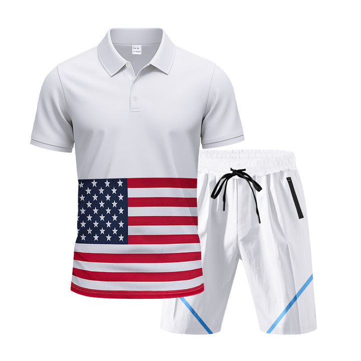 Herren Polo- und Shorts-Set mit Flaggenmotiv und elastischem Bund Echoarchiv