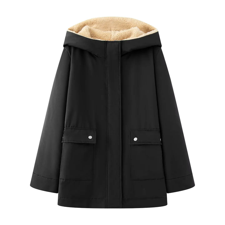 Damen gefütterte Kapuzenparka mit Teddyfutter, verdeckter Reißverschluss und großen Pattentaschen – Montévia