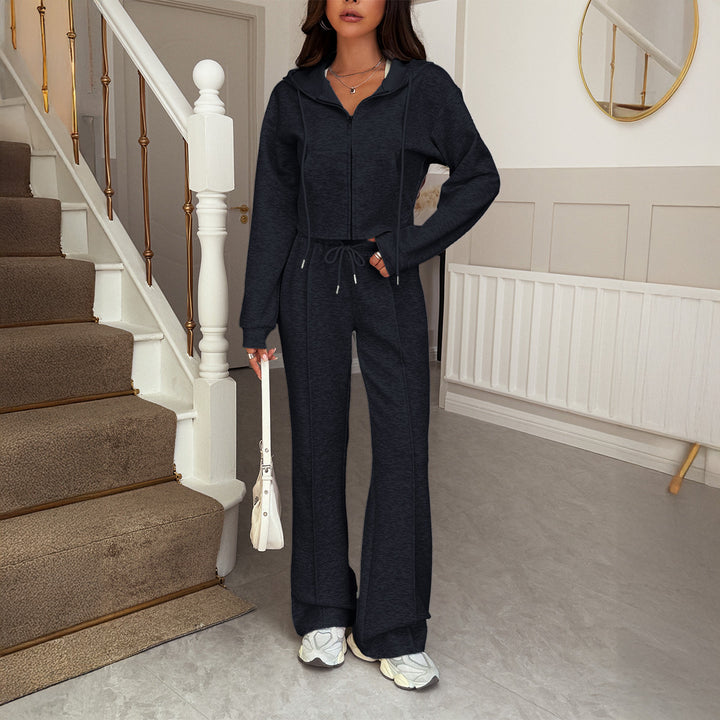 Damen kurzgeschnittenes Kapuzen-Sweatset mit Reißverschluss und hochtaillierter Schlaghose – Auréline