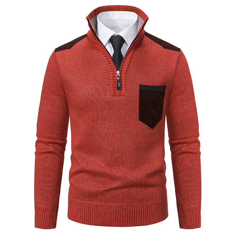 Herren nan Feinstrick-Halbzip-Pullover mit Stehkragen, Brusttasche und Schulterbesatz Echo Archiv
