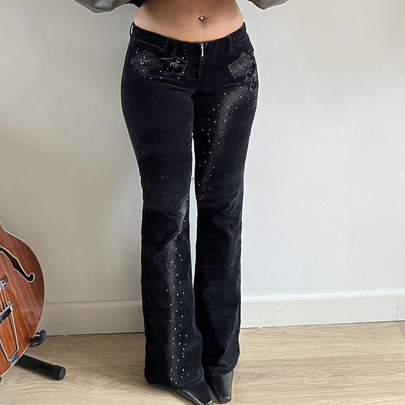 Damen nan ausgestellte Cordhose mit Glitzerstreifen und Blumenstickerei, hoher Bund Echo Archiv