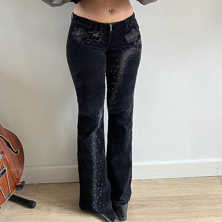 Damen nan ausgestellte Cordhose mit Glitzerstreifen und Blumenstickerei, hoher Bund Echo Archiv