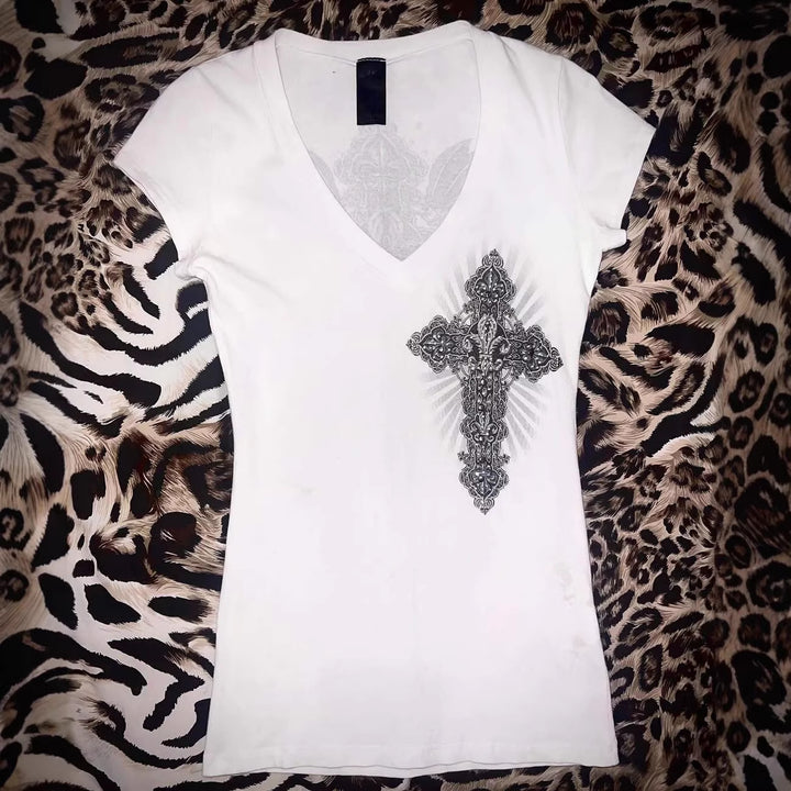 Damen V-Ausschnitt T-Shirt mit kunstvollem Kreuzdesign Echo Archiv