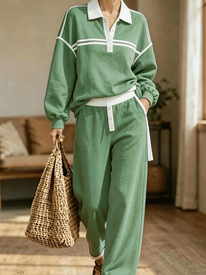 Damen Lounge-Set aus weichem Jersey mit Polokragen, Kontraststreifen und weiter Jogpant – Élanora