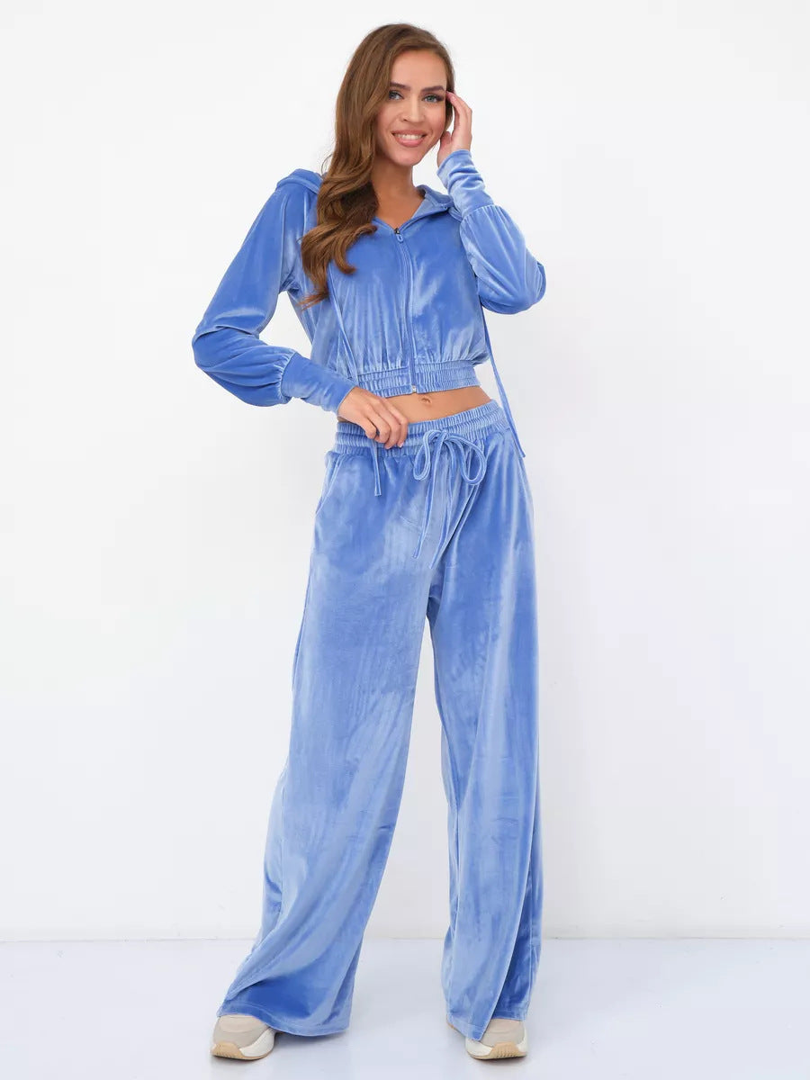 Damen luxuriöses Velours-Lounge-Set mit kurzem Reißverschluss-Hoodie und weitem Comfort-Hose – Auréline