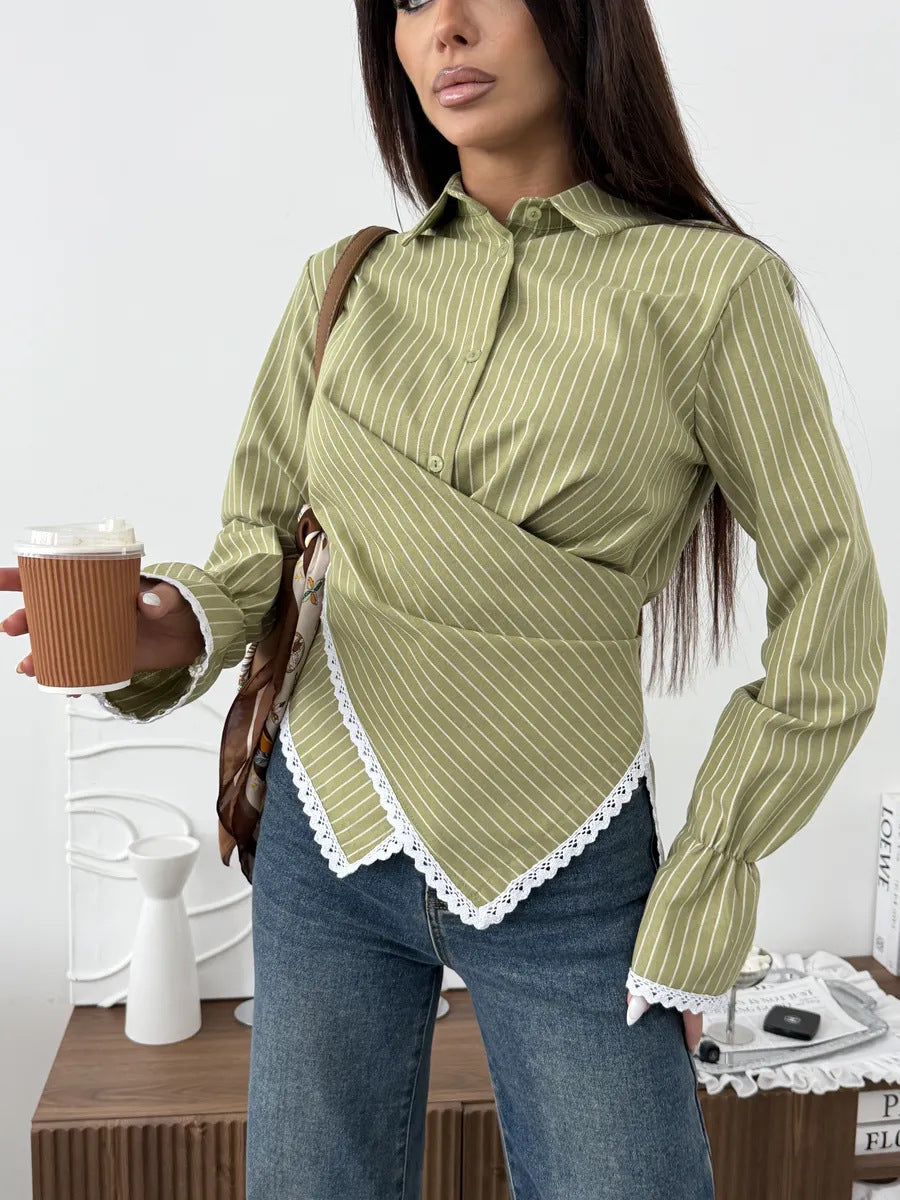 Damen nan taillierte Wickelbluse mit Spitzenrand und feinen Längsstreifen Echo Archiv