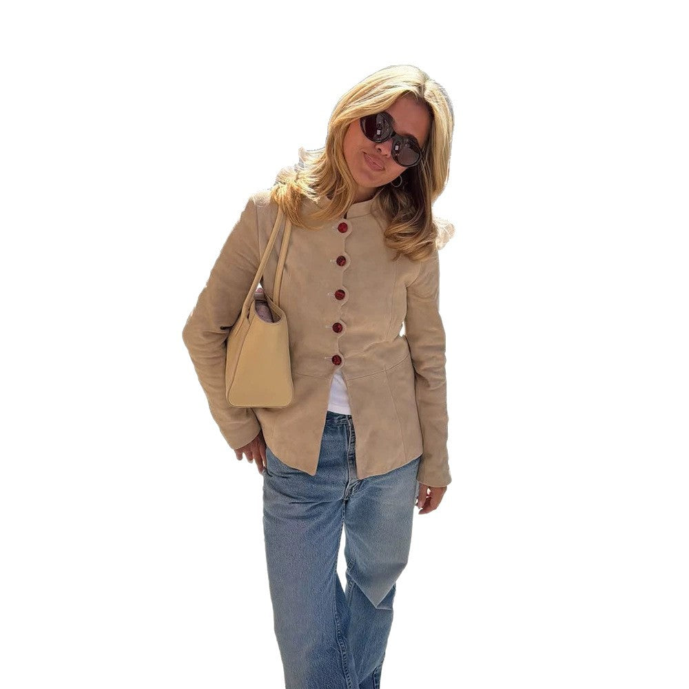 Damen Taillierter Wildleder-Blazer mit Stehkragen und Zierknöpfen Echoarchiv